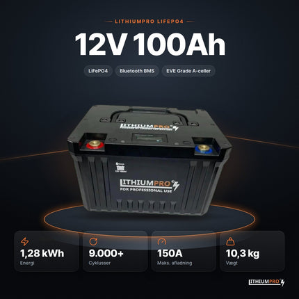 LithiumPro 12V 100Ah LiFePO4-batteri – 1,28 kWh, 9.000+ cyklusser, 150A og 10,3 kg