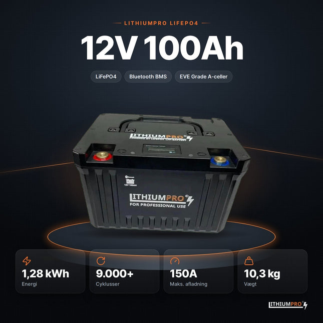 LithiumPro 12V 100Ah LiFePO4-batteri – 1,28 kWh, 9.000+ cyklusser, 150A og 10,3 kg