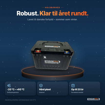LithiumPro 12V 100Ah – robust kabinet i hård plast, driftstemperatur -20 °C til +60 °C
