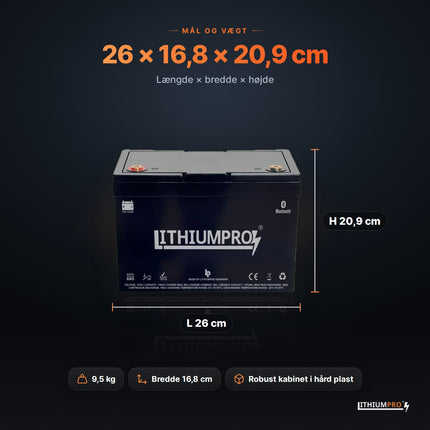LithiumPro MINI 12V 115Ah – mål 26 × 16,8 × 20,9 cm og vægt 9,5 kg
