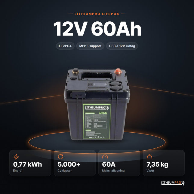 LithiumPro 12V 60Ah LiFePO4-batteri – 0,77 kWh, 5.000+ cyklusser, 60A og 7,35 kg