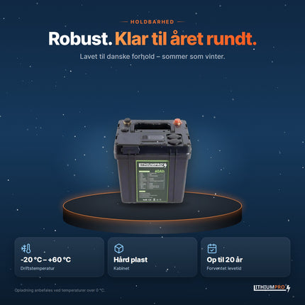 LithiumPro 12V 60Ah – robust kabinet i hård plast, driftstemperatur -20 °C til +60 °C