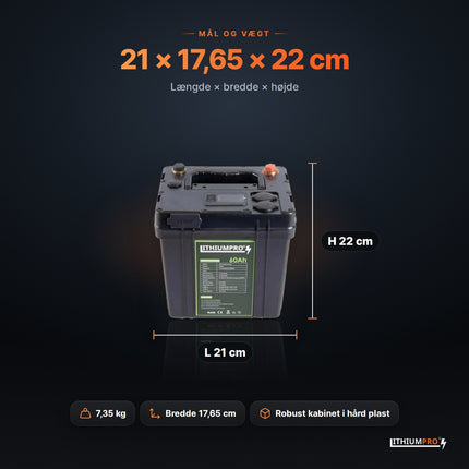 LithiumPro 12V 60Ah – mål 21 × 17,65 × 22 cm og vægt 7,35 kg