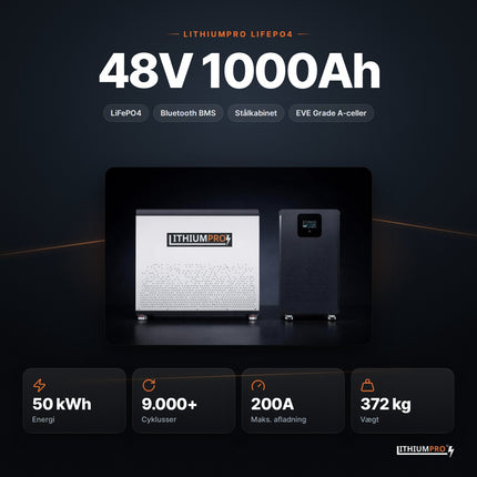 LithiumPro 48V 1000Ah LiFePO4-batteri – 50 kWh, 9.000+ cyklusser, 200A og 372 kg