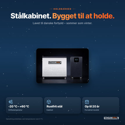 LithiumPro 48V 1000Ah – kabinet i rustfrit stål, driftstemperatur -20 °C til +60 °C
