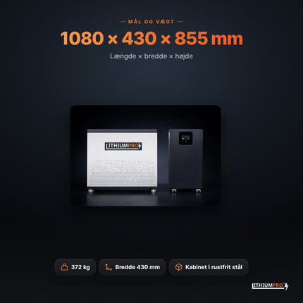 LithiumPro 48V 1000Ah – mål 1080 × 430 × 855 mm og vægt 372 kg