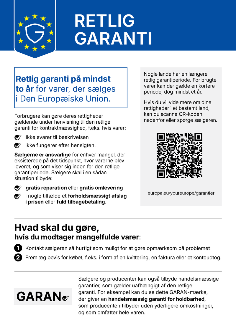 EU-meddelelse om den retlige garanti (reklamationsret) – mindst 2 år