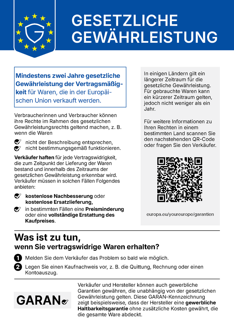 EU-Hinweis zur gesetzlichen Gewährleistung – mindestens zwei Jahre