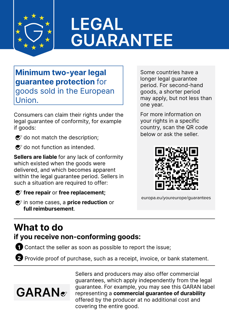 EU legal guarantee notice – minimum two years