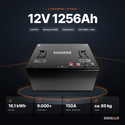 LithiumPro 12V 1256Ah LiFePO4-batteri – 16,1 kWh, 9.000+ cyklusser, 150A og ca. 95 kg