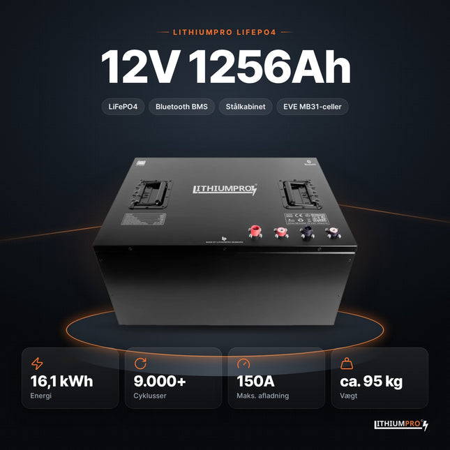 LithiumPro 12V 1256Ah LiFePO4-batteri – 16,1 kWh, 9.000+ cyklusser, 150A og ca. 95 kg
