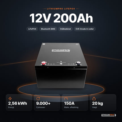 LithiumPro 12V 200Ah LiFePO4-batteri – 2,56 kWh, 9.000+ cyklusser, 150A og 20 kg