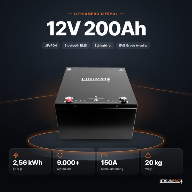 LithiumPro 12V 200Ah LiFePO4-batteri – 2,56 kWh, 9.000+ cyklusser, 150A og 20 kg