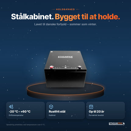 LithiumPro 12V 200Ah – kabinet i rustfrit stål, driftstemperatur -20 °C til +60 °C