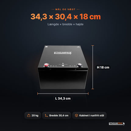 LithiumPro 12V 200Ah – mål 34,3 × 30,4 × 18 cm og vægt 20 kg