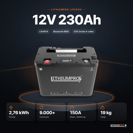 LithiumPro 12V 230Ah LiFePO4-batteri – 2,76 kWh, 9.000+ cyklusser, 150A og 19 kg