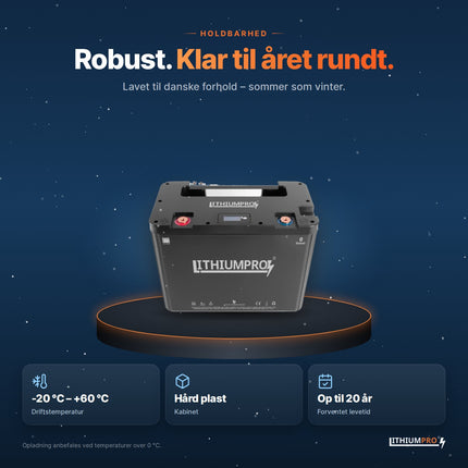 LithiumPro 12V 230Ah – robust kabinet i hård plast, driftstemperatur -20 °C til +60 °C