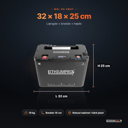 LithiumPro 12V 230Ah – mål 32 × 18 × 25 cm og vægt 19 kg