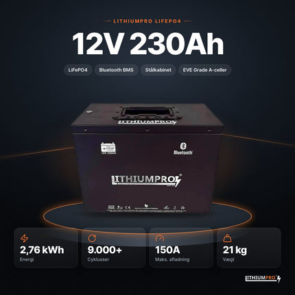 LithiumPro 12V 230Ah stål LiFePO4-batteri – 2,76 kWh, 9.000+ cyklusser, 150A og 21 kg