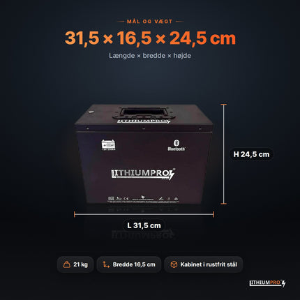 LithiumPro 12V 230Ah stål – mål 31,5 × 16,5 × 24,5 cm og vægt 21 kg