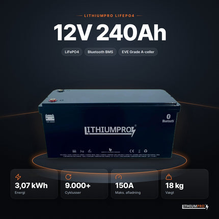LithiumPro 12V 240Ah LiFePO4-batteri – 3,07 kWh, 9.000+ cyklusser, 150A og 18 kg