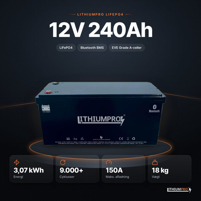 LithiumPro 12V 240Ah LiFePO4-batteri – 3,07 kWh, 9.000+ cyklusser, 150A og 18 kg