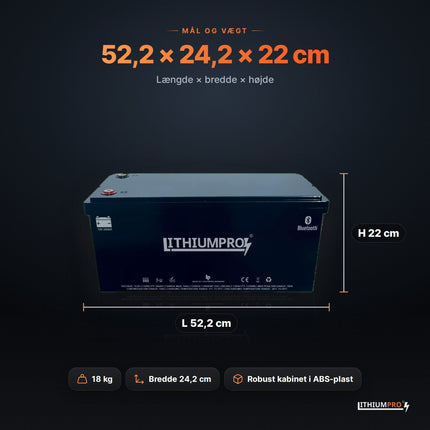 LithiumPro 12V 240Ah – mål 52,2 × 24,2 × 22 cm og vægt 18 kg