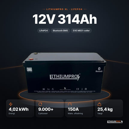 LithiumPro XL 12V 314Ah LiFePO4-batteri – 4,02 kWh, 9.000+ cyklusser, 150A og 25,4 kg