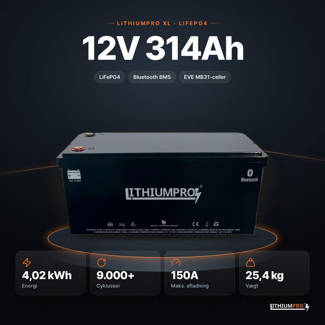 LithiumPro XL 12V 314Ah LiFePO4-batteri – 4,02 kWh, 9.000+ cyklusser, 150A og 25,4 kg
