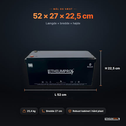 LithiumPro XL 12V 314Ah – mål 52 × 27 × 22,5 cm og vægt 25,4 kg