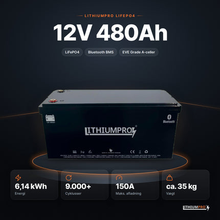 LithiumPro 12V 480Ah LiFePO4-batteri – 6,14 kWh, 9.000+ cyklusser, 150A og ca. 35 kg