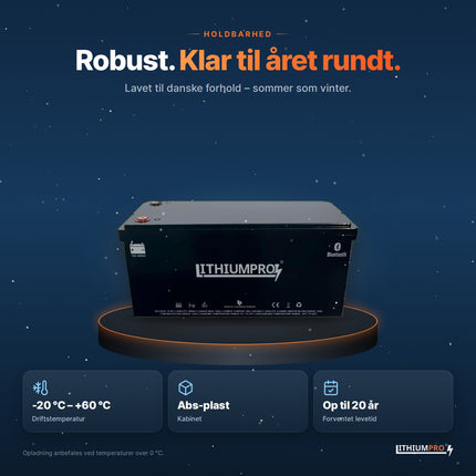 LithiumPro 12V 480Ah – robust kabinet i ABS-plast, driftstemperatur -20 °C til +60 °C