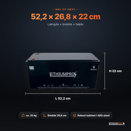 LithiumPro 12V 480Ah – mål 52,2 × 26,8 × 22 cm og vægt ca. 35 kg