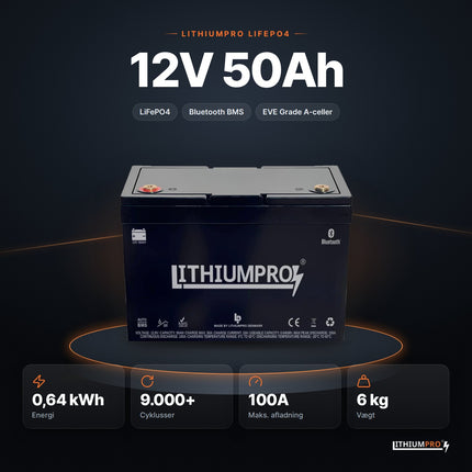 LithiumPro 12V 50Ah LiFePO4-batteri – 0,64 kWh, 9.000+ cyklusser, 100A og 6 kg