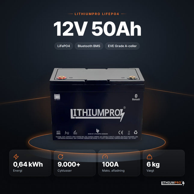 LithiumPro 12V 50Ah LiFePO4-batteri – 0,64 kWh, 9.000+ cyklusser, 100A og 6 kg