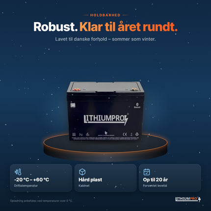 LithiumPro 12V 50Ah – robust kabinet i hård plast, driftstemperatur -20 °C til +60 °C