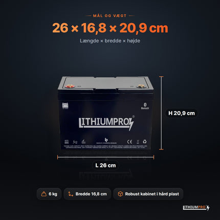 LithiumPro 12V 50Ah – mål 26 × 16,8 × 20,9 cm og vægt 6 kg