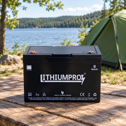 LithiumPro 12V 50Ah LiFePO4-batteri på en campingplads ved en sø