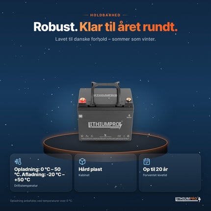 LithiumPro 12V 50Ah – robust kabinet i hård plast, driftstemperatur -20 °C til +60 °C