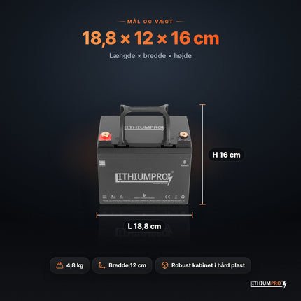 LithiumPro 12V 50Ah – mål 18,8 × 12 × 16 cm og vægt 4,8 kg