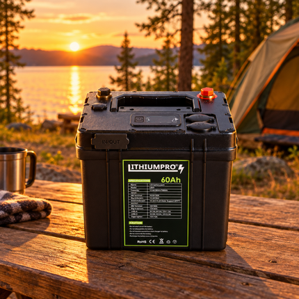 LithiumPro 12V 60Ah LiFePO4-batteri med USB- og 12V-udtag på campingpladsen ved søen