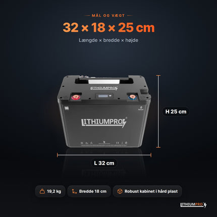 LithiumPro 24V 115Ah – mål 32 × 18 × 25 cm og vægt 19,2 kg