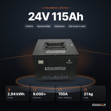LithiumPro 24V 115Ah stål LiFePO4-batteri – 2,94 kWh, 9.000+ cyklusser, 150A og 21 kg