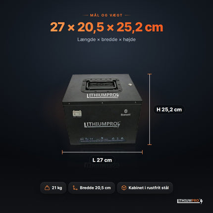 LithiumPro 24V 115Ah stål – mål 27 × 20,5 × 25,2 cm og vægt 21 kg