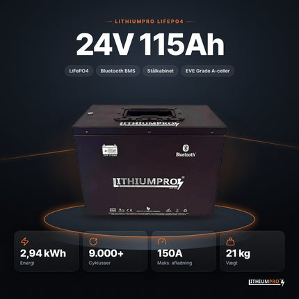LithiumPro 24V 115Ah stål LiFePO4-batteri – 2,94 kWh, 9.000+ cyklusser, 150A og 21 kg