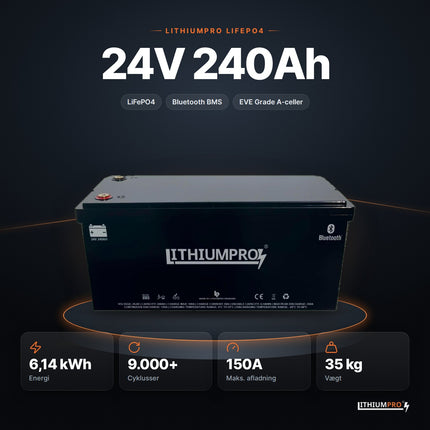 LithiumPro 24V 240Ah LiFePO4-batteri – 6,14 kWh, 9.000+ cyklusser, 150A og 35 kg