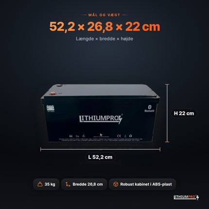 LithiumPro 24V 240Ah – mål 52,2 × 26,8 × 22 cm og vægt 35 kg