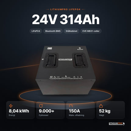 LithiumPro 24V 314Ah LiFePO4-batteri – 8,04 kWh, 9.000+ cyklusser, 150A og 52 kg