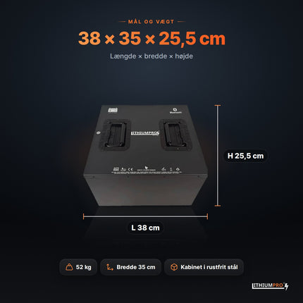 LithiumPro 24V 314Ah – mål 38 × 35 × 25,5 cm og vægt 52 kg