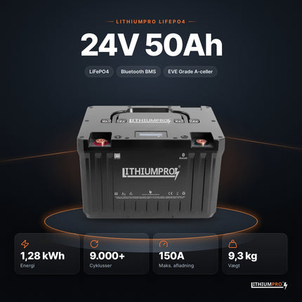 LithiumPro 24V 50Ah LiFePO4-batteri – 1,28 kWh, 9.000+ cyklusser, 150A og 9,3 kg